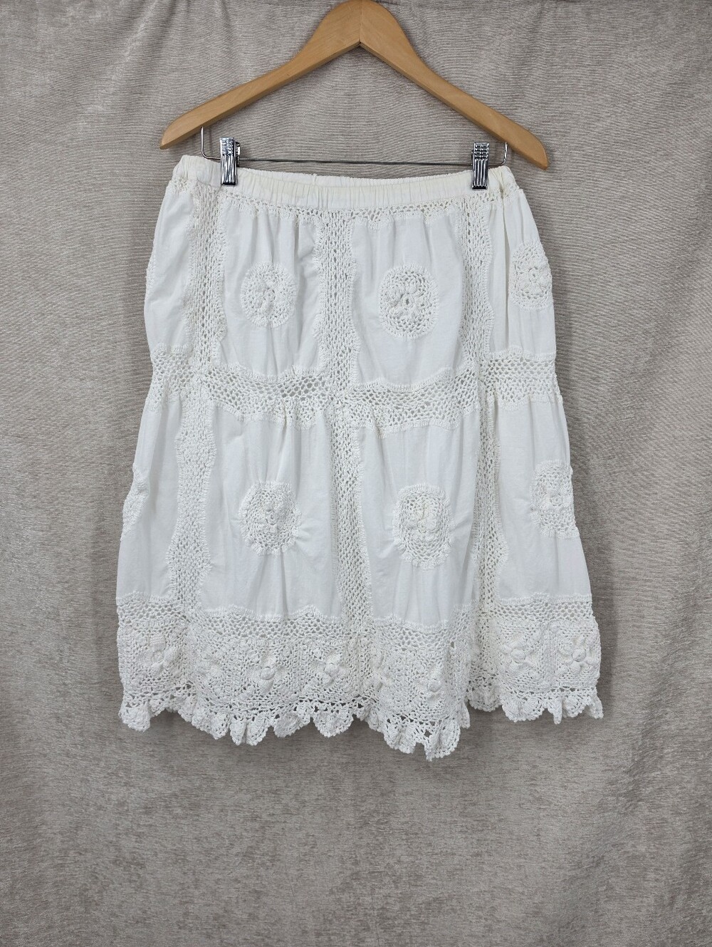 Panitti White Cotton Crochet Panel Midi Skirt Coastal Cowgirl Cottagecore Vtg